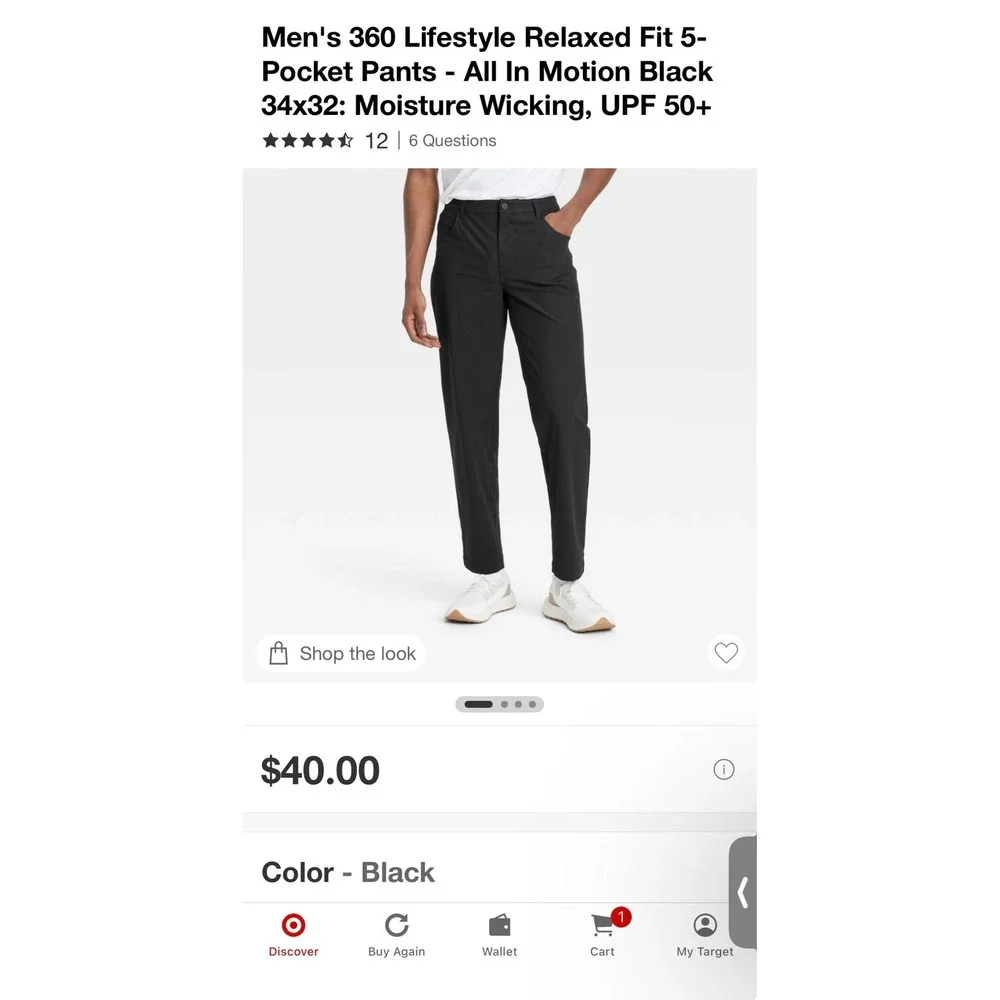 All In Motion Mens 360 Lifestyle Relaxed Fit 5-Pocket Pants Black 34x32 UPF 50+